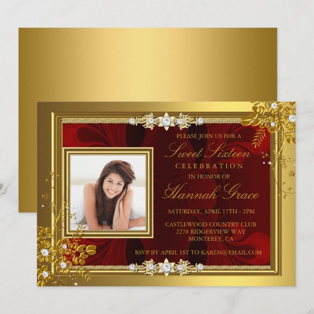 Gold & Red floral Photo Sweet Sixteen Invite (Front/Back)