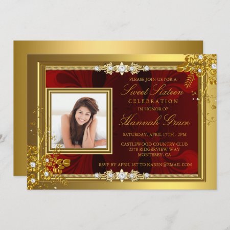 Gold & Red Floral Photo Sweet Sixteen Invite