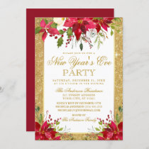 Gold Red Floral Poinsettia New Years Party Glitter Invitation
