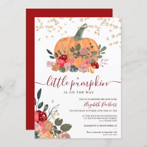 gold red floral pumpkin watercolor baby shower invitation