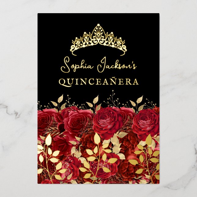Gold Red Floral Rose Leaf Quinceanera Foil Invitation (Front)