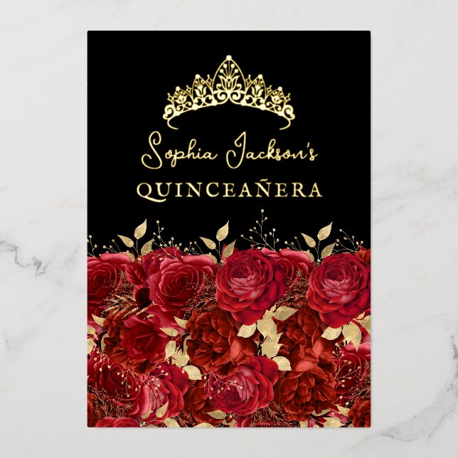 Gold Red Floral Rose Quinceanera Foil Invitation (Front)