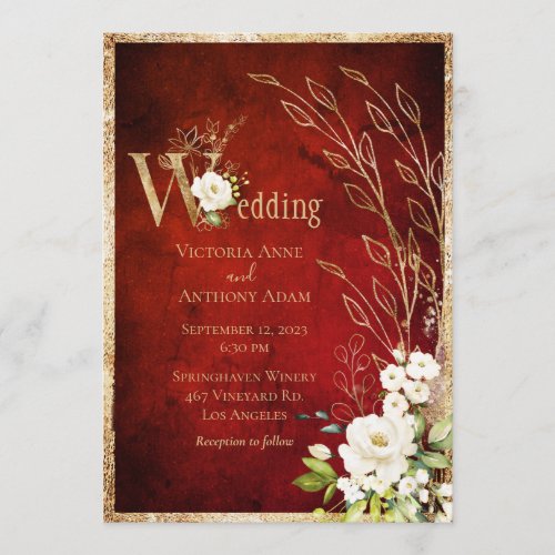 Gold Red Floral Rustic Script Wedding Invitation