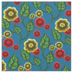 Gold/red flowers/green leaves/Folk  floral/blue Fabric