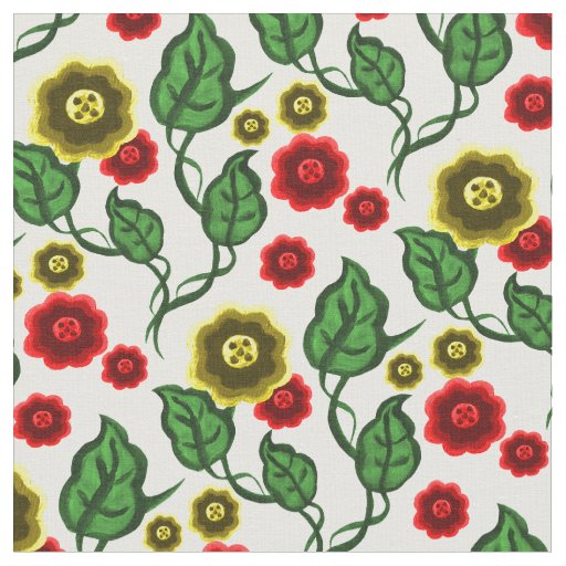 Gold/red flowers/green leaves/Folk  floral Fabric