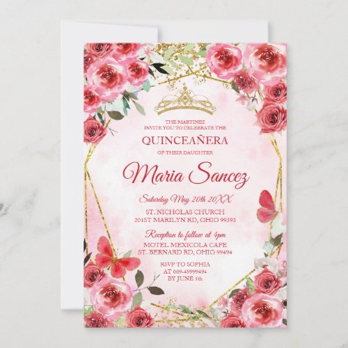 Gold Red Flowers Mexican Girl Charra Mis Quince Invitation
