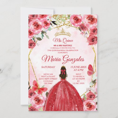 Gold Red Flowers Spanish Girl sweet 15th Birthday Invitation