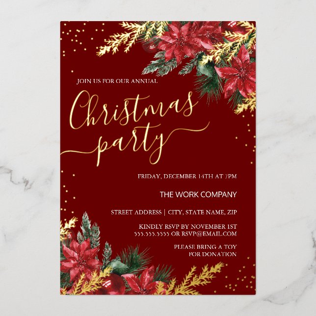 Gold Red Foliage Corporate Christmas Party       Foil Invitation (Front)