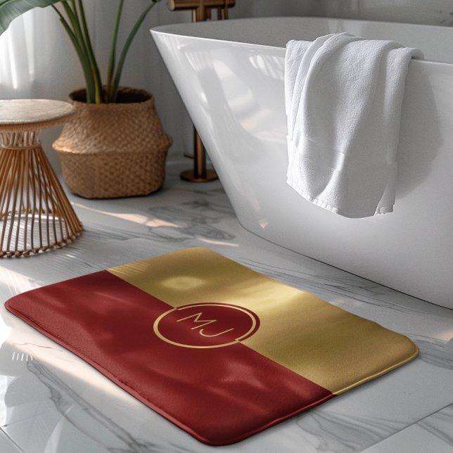 Gold & Red Geometric Design Monogram Bath Mat (Creator Uploaded)