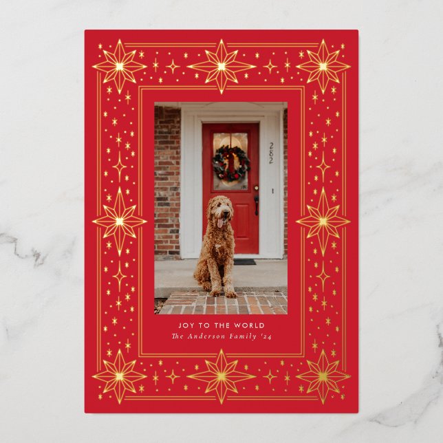 Gold & Red geometric star border Christmas Photo Foil Invitation (Front)