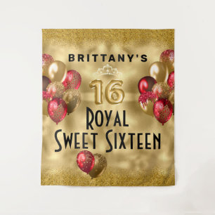 Gold Red Glitter Balloons Royal Sweet 16 Tapestry