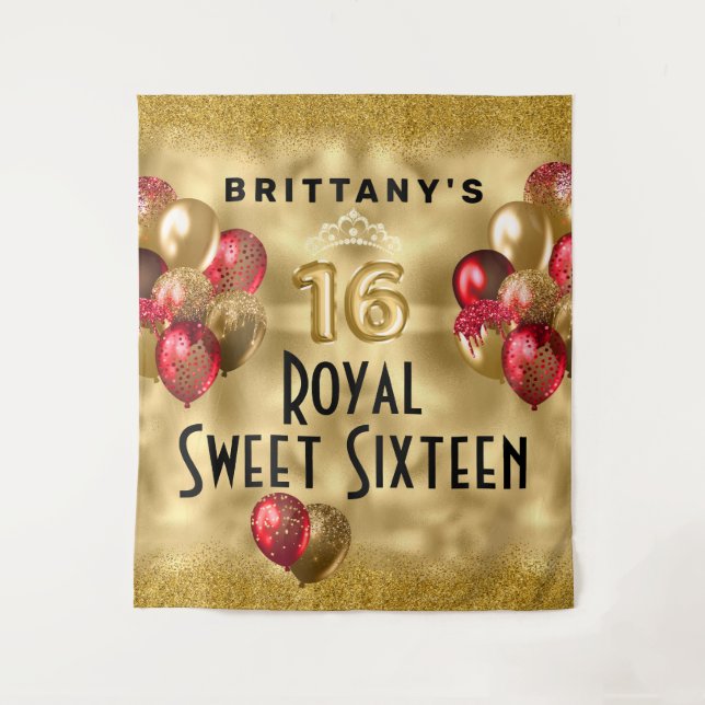 Gold Red Glitter Balloons Royal Sweet 16 Tapestry (Front)
