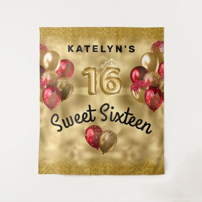 Gold Red Glitter Balloons Sweet 16 Tapestry (Front)