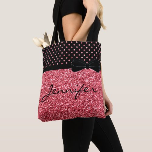 Gold Red Glitter Black Polka Dots Personalized Tote Bag