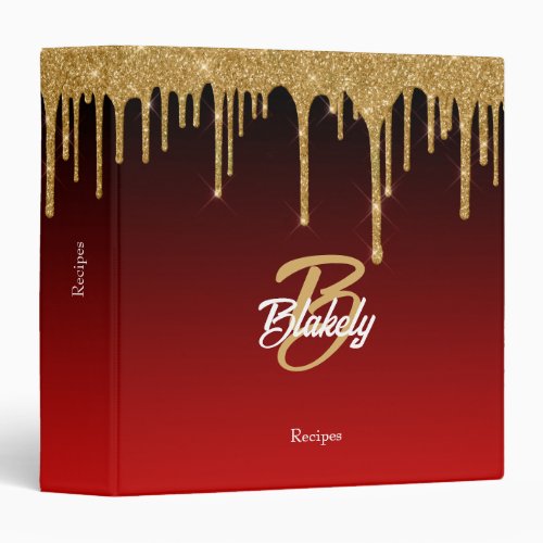 Gold Red Glitter Drip Monogram Sparkle Cute Girly 3 Ring Binder