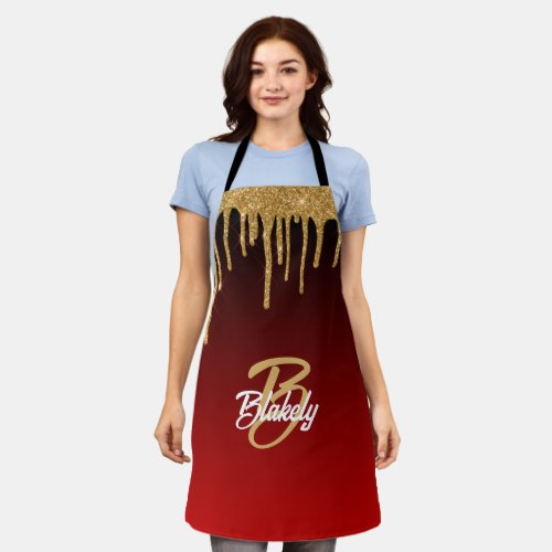 Gold Red Glitter Drip Monogram Sparkle Cute Girly Apron