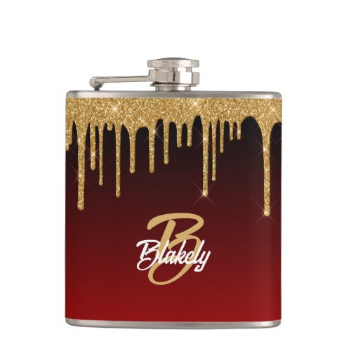 Gold Red Glitter Drip Monogram Sparkle Cute Girly Flask