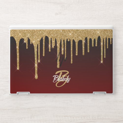 Gold Red Glitter Drip Monogram Sparkle Cute Girly HP Laptop Skin