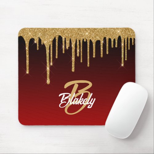 Gold Red Glitter Drip Monogram Sparkle Cute Girly Mouse Pad