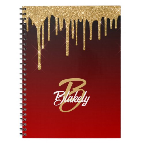 Gold Red Glitter Drip Monogram Sparkle Cute Girly Notebook