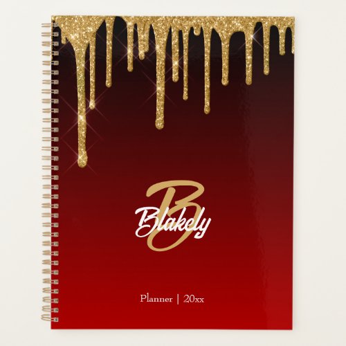 Gold Red Glitter Drip Monogram Sparkle Cute Girly Planner