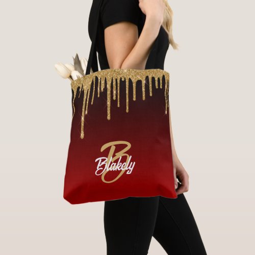 Gold Red Glitter Drip Monogram Sparkle Cute Girly Tote Bag