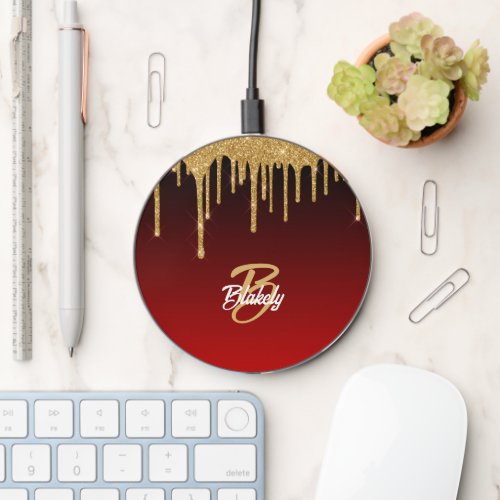 Gold Red Glitter Drip Monogram Sparkle Cute Girly Wireless Charger