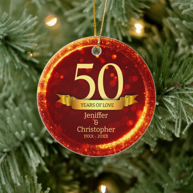 Gold & Red Glitter Edit Year Wedding Anniversary Ceramic Ornament (Tree)