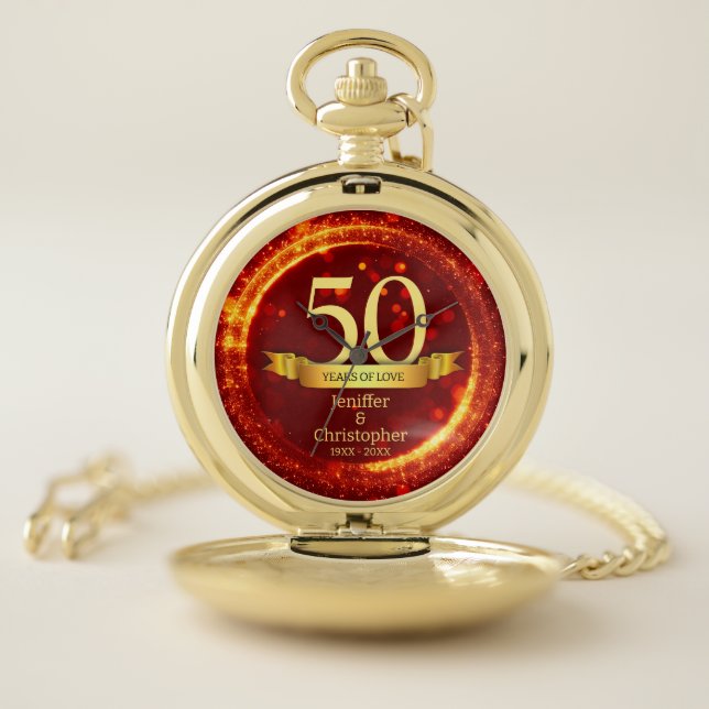 Gold & Red Glitter Edit Year Wedding Anniversary Pocket Watch (Inside)