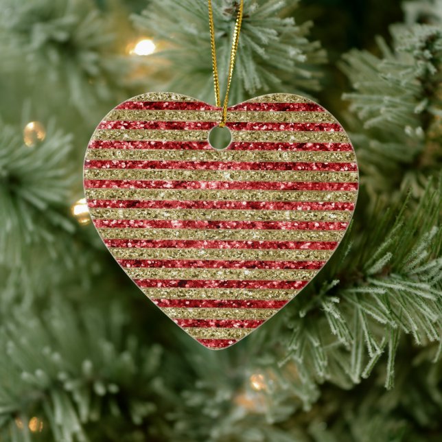 Gold Red Glitter Glitz Stripes Ceramic Ornament (Tree)