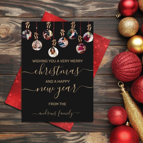Gold Red Glitter Hanging Ornaments Photo Christmas Holiday Card
