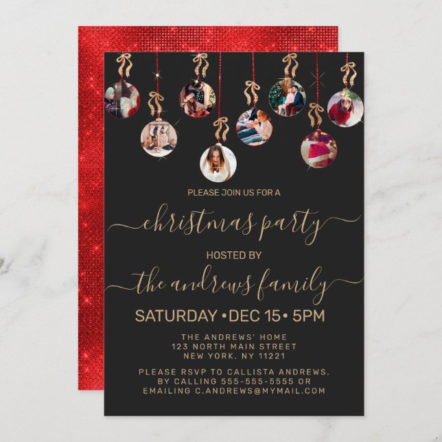 Gold Red Glitter Hanging Ornaments Photo Christmas Invitation (Front/Back)