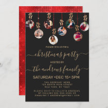 Gold Red Glitter Hanging Ornaments Photo Christmas Invitation