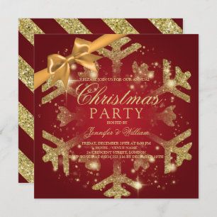 Gold Red Glitter & Ribbon Xmas Holiday Party Invitation