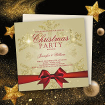 Gold Red Glitter & Ribbon | Xmas Holiday Party Invitation