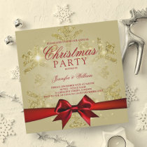 Gold Red Glitter & Ribbon | Xmas Holiday Party Invitation