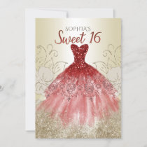 Gold Red Glitter Sparkle Dress Sweet 16 birthday Invitation