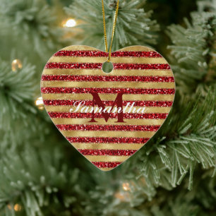 Gold Red Glitter Stripes Monogram Ceramic Ornament