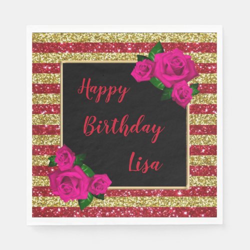 Gold Red Glitter Stripes Pink Roses Birthday Napkins