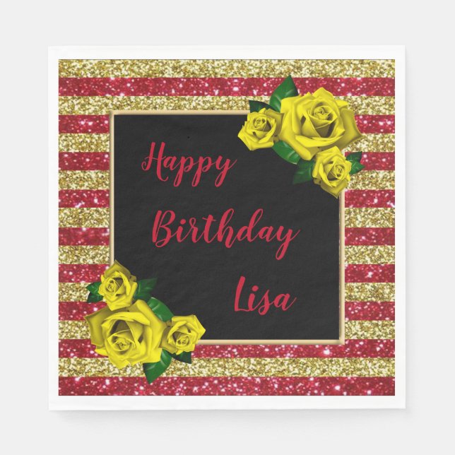Gold Red Glitter Stripes Yellow Roses Birthday Napkins (Front)