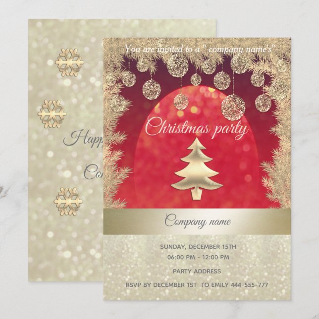 gold/red glittery corporate Christmas party Invitation (Front/Back)