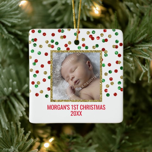 Gold Red Green Baby's First Christmas Photo Ceramic Ornament (Tree)
