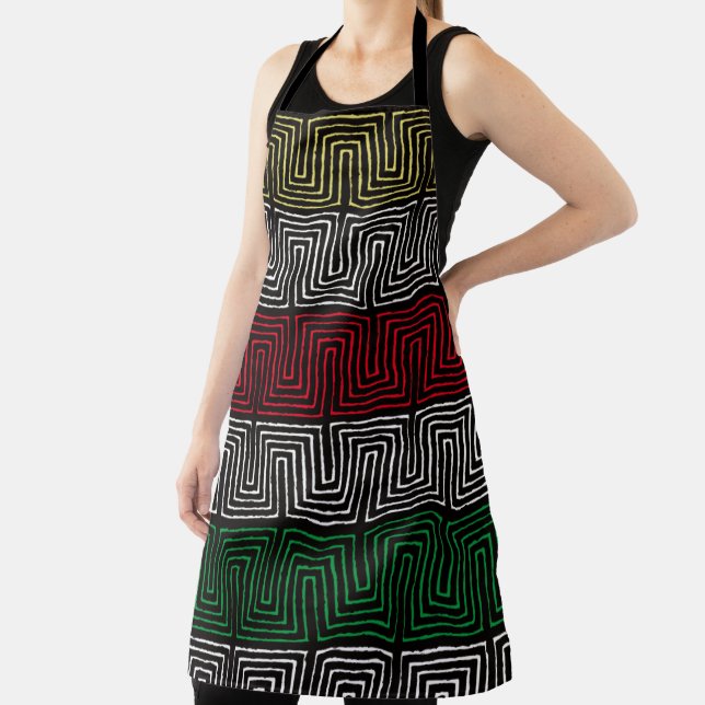 Gold Red Green Black White Tribal Maze Pan African Apron (Insitu)