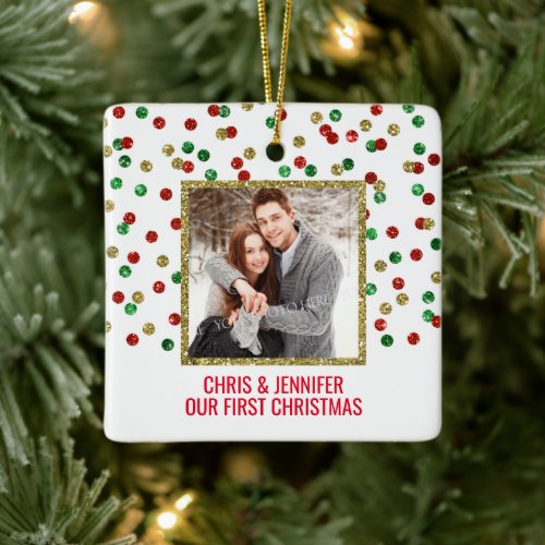 Gold Red Green Couples First Christmas Photo Ceramic Ornament