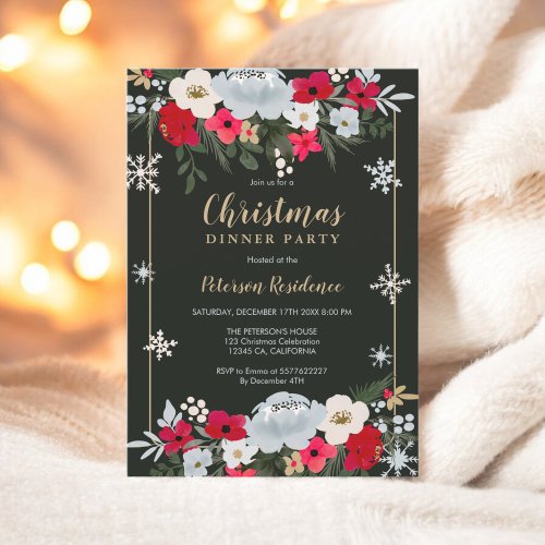 Gold Red Green floral snowflake Christmas Invitation