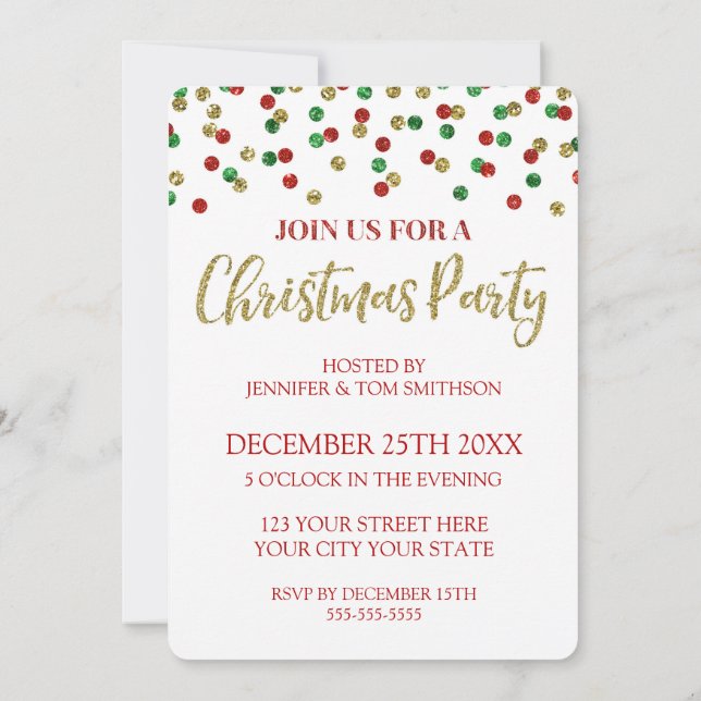 Gold Red Green Glitter Confetti Christmas Party Invitation (Back)