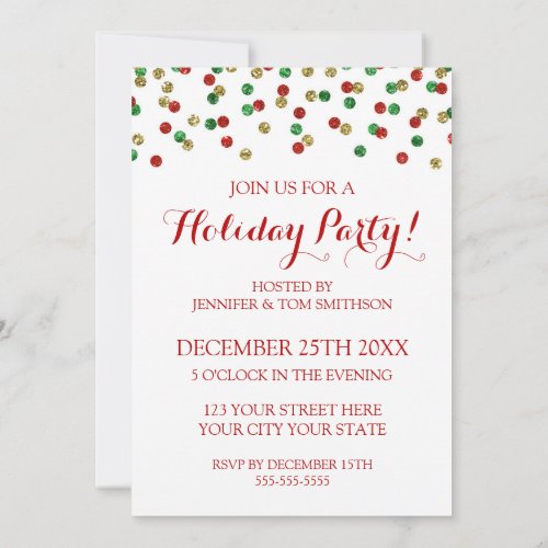 Gold Red Green Glitter Confetti Christmas Party Card
