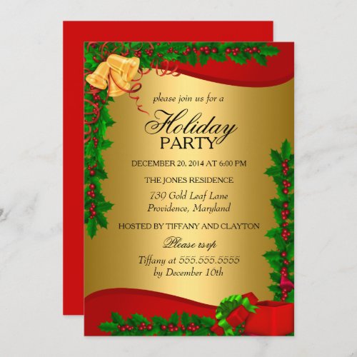 Gold Red Green Holly Leaves Bell Christmas Holiday Invitation