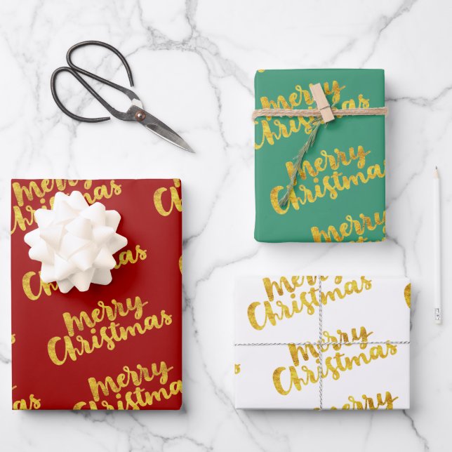 Gold Red Green Merry Christmas Happy Holidays Wrapping Paper Sheets (Front)