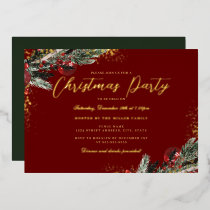 Gold Red Green Sparkle Foliage Christmas Party Foil Invitation